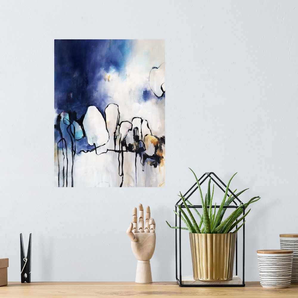 A bohemian room featuring Contemporary abstract painting using dark dripping blue against a neutral background with organic...