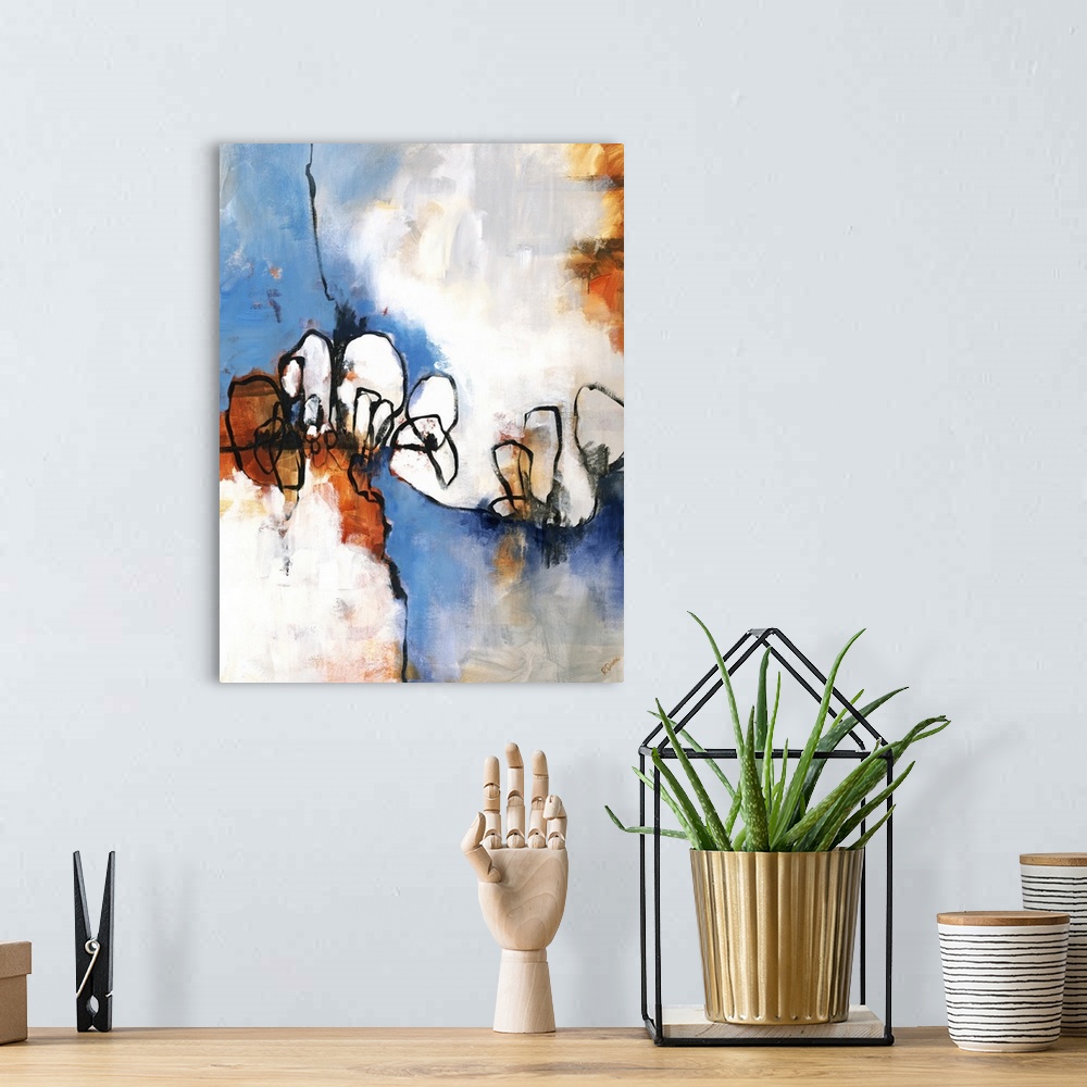 A bohemian room featuring Contemporary abstract painting using dark dripping blue against a neutral background with organic...