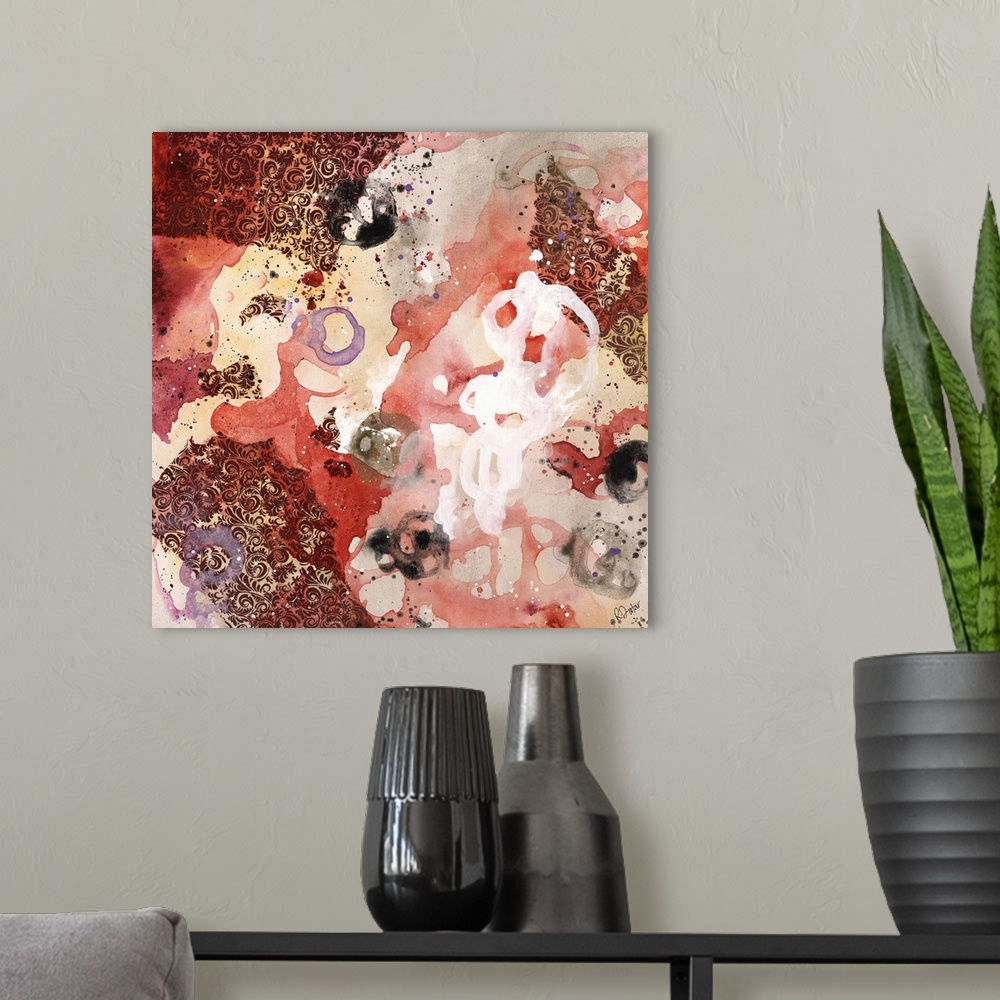 A modern room featuring Abstract painting using bright red tones in splashes and splatters, almost looking like flowers.