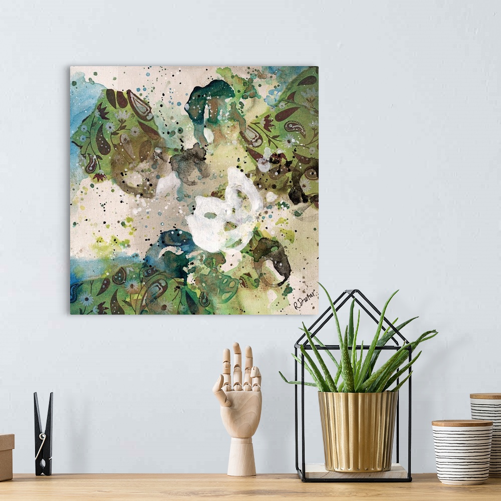 A bohemian room featuring Abstract painting using bright green tones in splashes and splatters, almost looking like flowers.