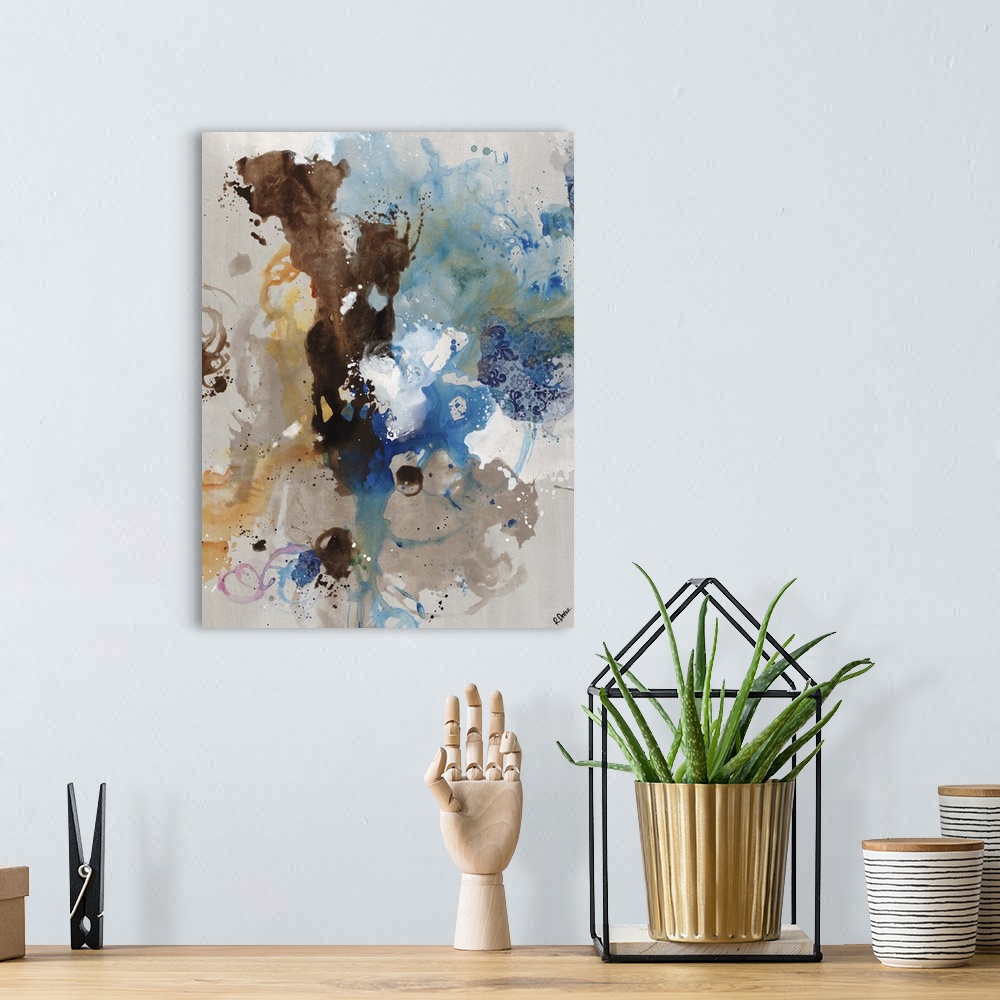 A bohemian room featuring Abstract painting of overlapping splatters, rings, and patches of various colors on a light, neut...