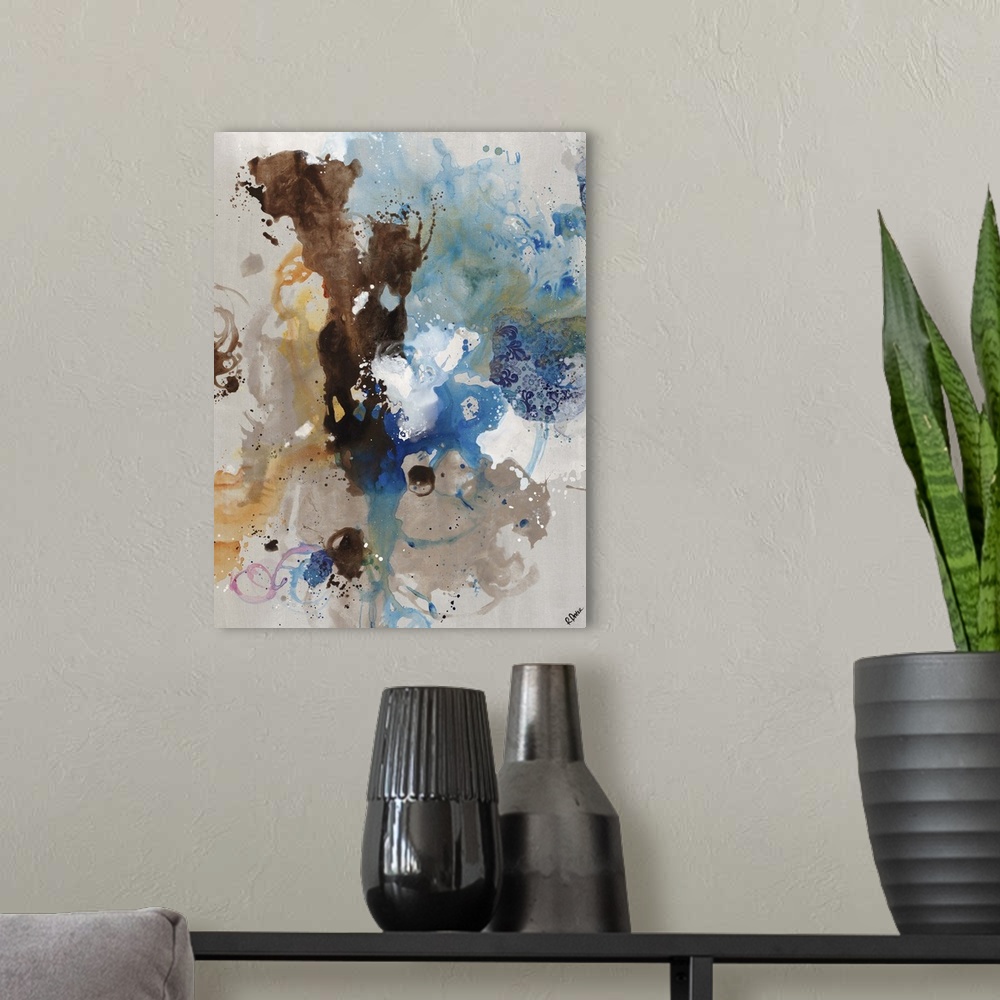 A modern room featuring Abstract painting of overlapping splatters, rings, and patches of various colors on a light, neut...