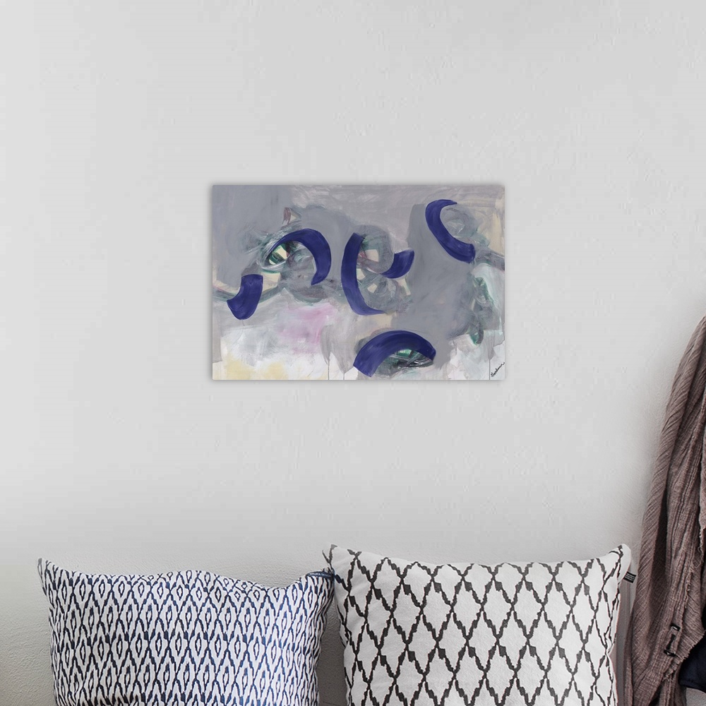 A bohemian room featuring Contemporary abstract painting of purple paint strokes against a multi-gray toned background.