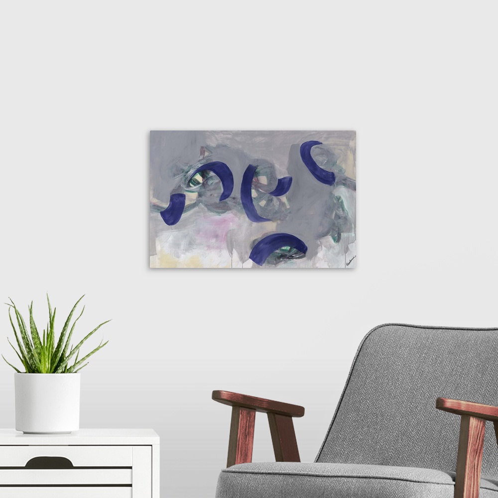 A modern room featuring Contemporary abstract painting of purple paint strokes against a multi-gray toned background.