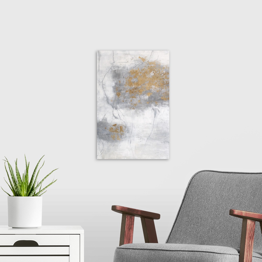 A modern room featuring Soft abstract painting with a white background and gray lines on top creating texture, a large sp...
