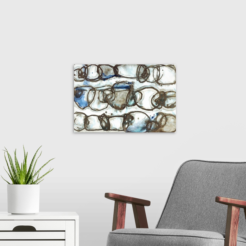 A modern room featuring Abstract painting with three horizontal rows of intertwining copper colored circles on a white ba...