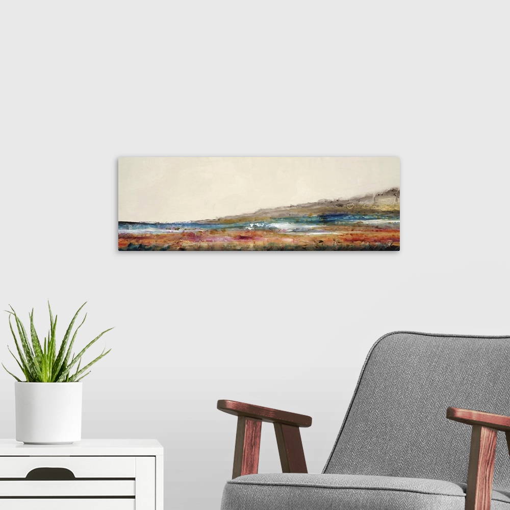 A modern room featuring Landscape painting of a vibrantly colored cove surrounding blue waters, beneath a dull cloudless ...