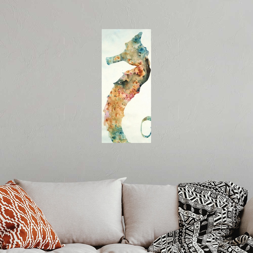 A bohemian room featuring Contemporary painting of a seahorse with beach appropriate colors mixed together on a panel sized...