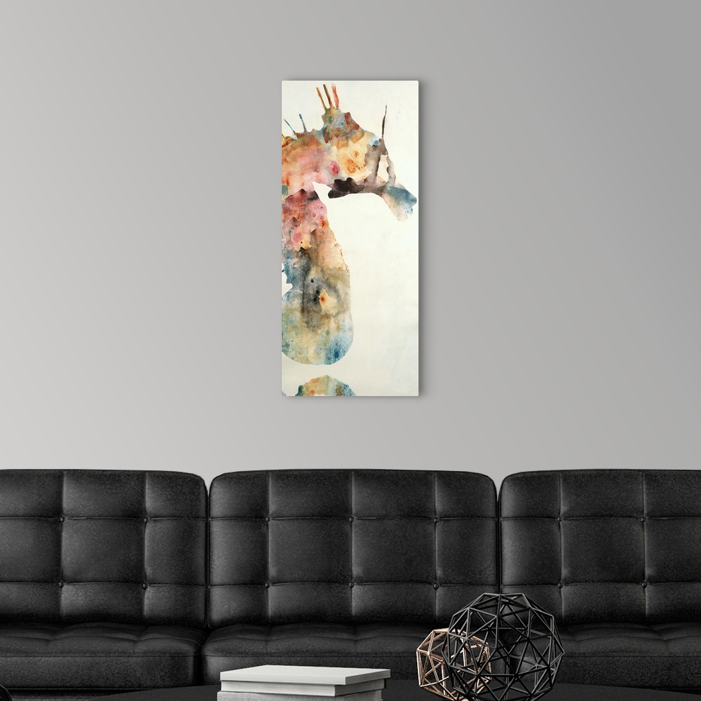 A modern room featuring Contemporary painting of a seahorse with beach appropriate colors mixed together on a panel sized...