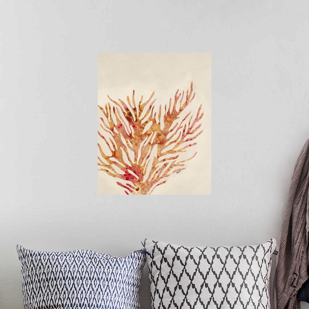 A bohemian room featuring Contemporary painting of coral in colors of orange and yellow.