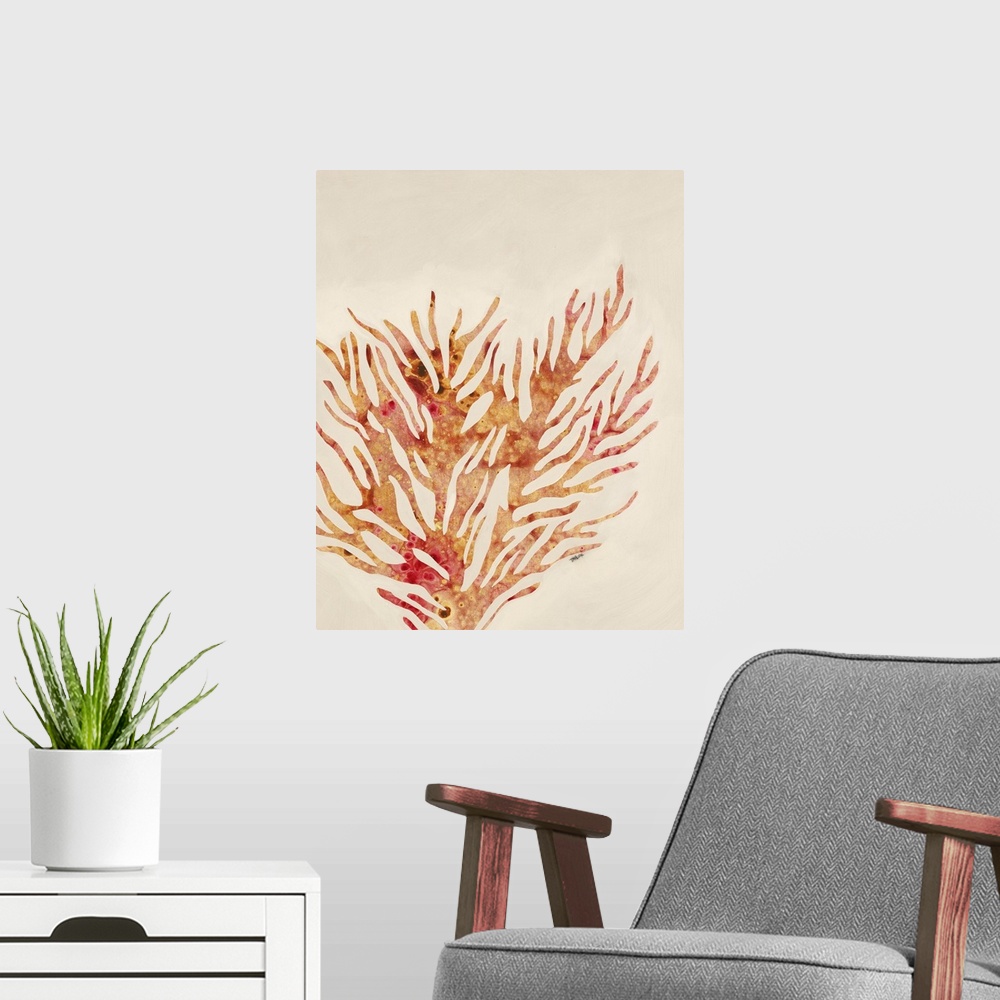 A modern room featuring Contemporary painting of coral in colors of orange and yellow.
