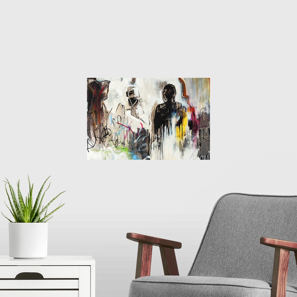 A modern room featuring Contemporary artwork of a group of figures with their backs turned.
