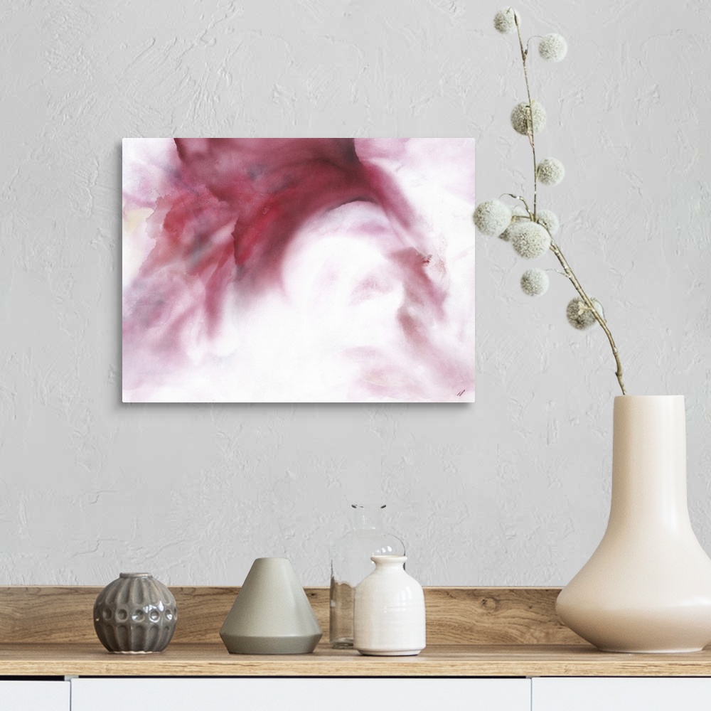 A farmhouse room featuring Large artwork of a swooping red mist fading to white.