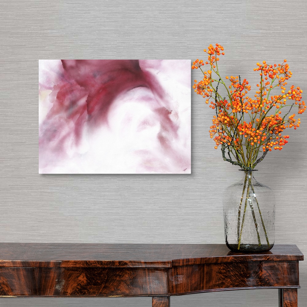 A traditional room featuring Large artwork of a swooping red mist fading to white.