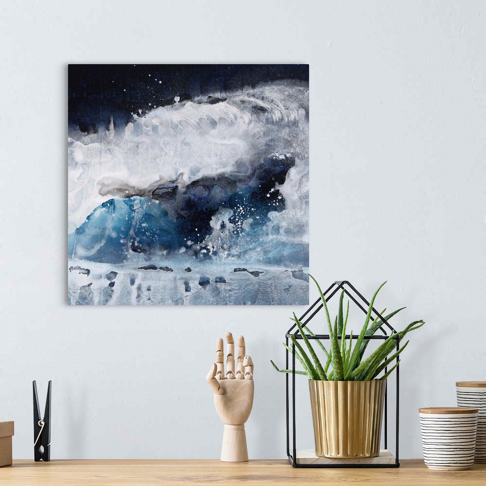 A bohemian room featuring Contemporary abstract painting of what looks like crashing blue and white waves of ocean water.