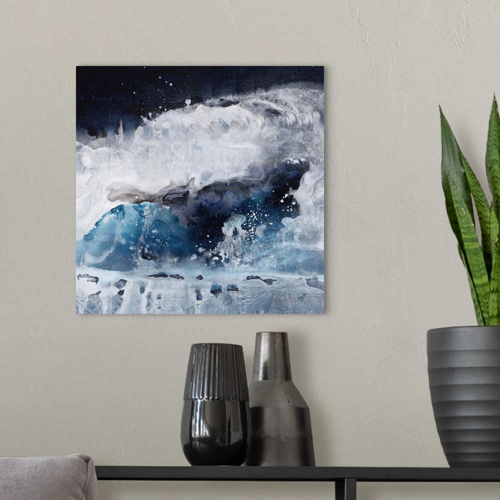 A modern room featuring Contemporary abstract painting of what looks like crashing blue and white waves of ocean water.