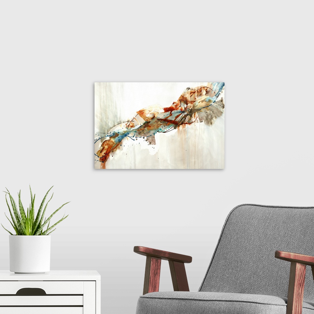 A modern room featuring Abstract painting with a diagonal line of colors coming together on a neutral toned background.