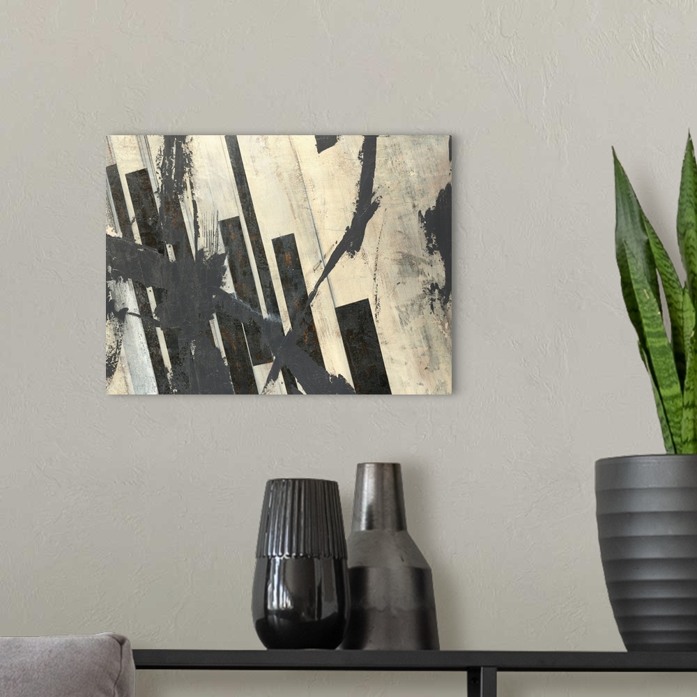 A modern room featuring Abstract artwork with splashes of black paint on an off white background with thick black bars al...