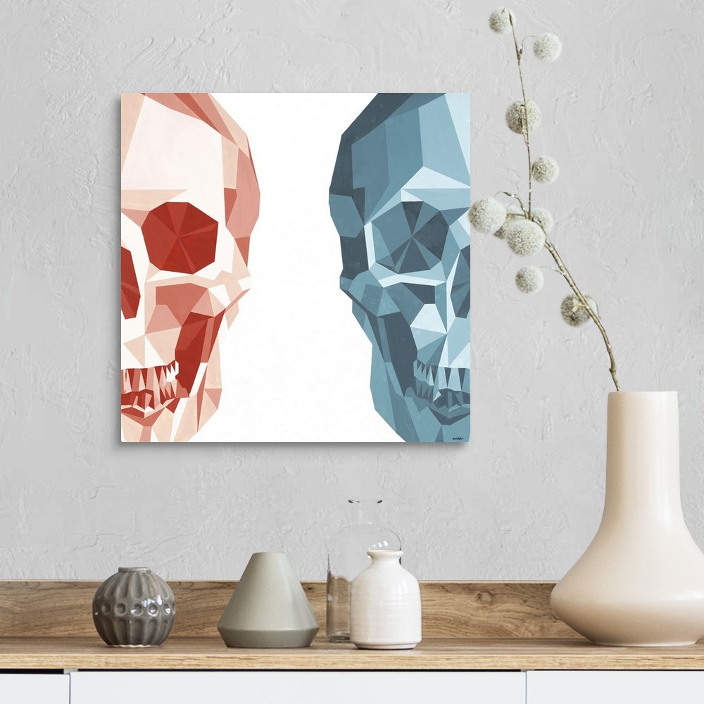 A farmhouse room featuring Square artwork of two half skulls made with geometric shapes on the left and right sides of the c...