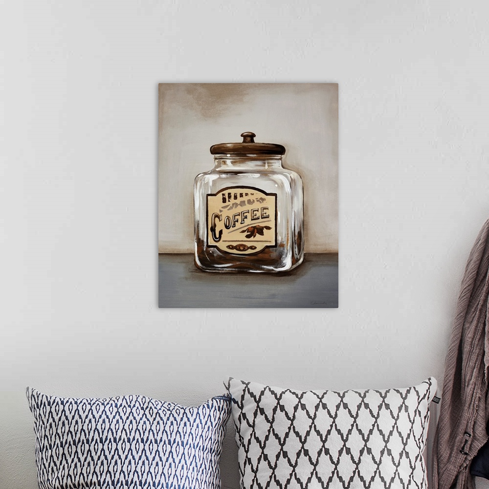 A bohemian room featuring Painting in neutral tones of a clear glass storage jar with a vintage coffee label on the front, ...