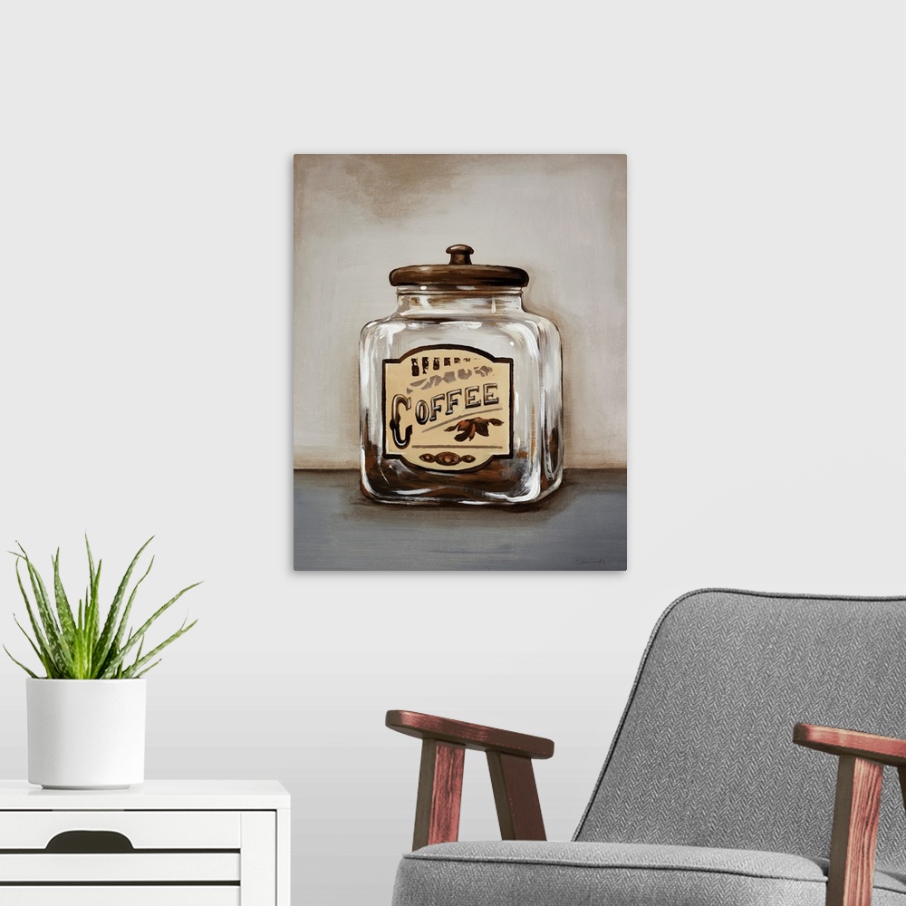 A modern room featuring Painting in neutral tones of a clear glass storage jar with a vintage coffee label on the front, ...