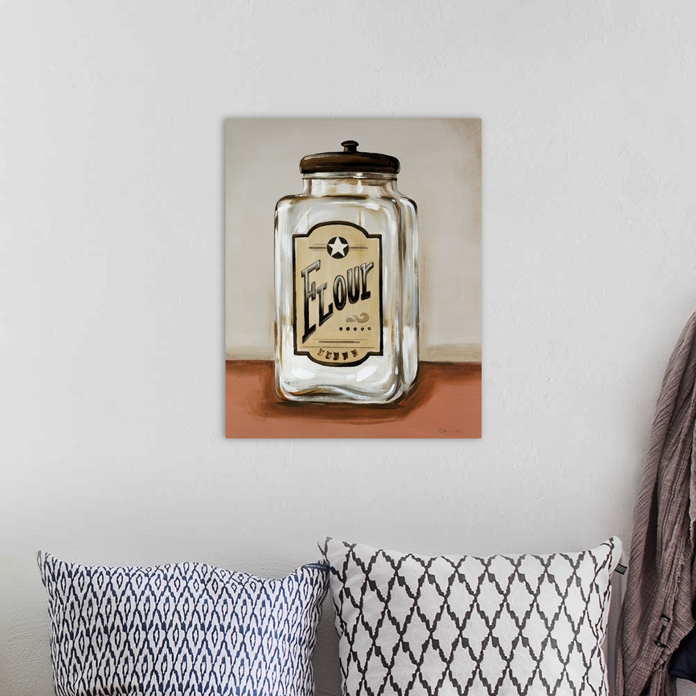 A bohemian room featuring Painting of a partially full clear glass storage jar with a vintage flour label on the front, sit...