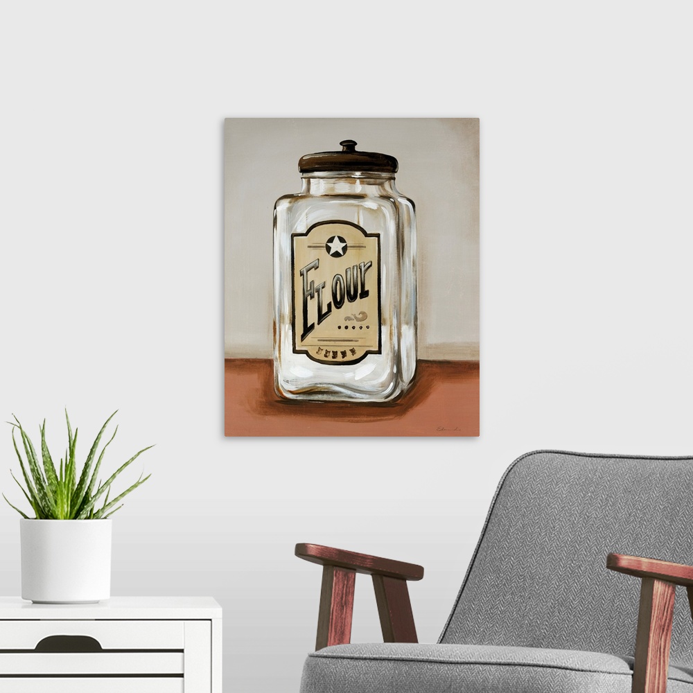 A modern room featuring Painting of a partially full clear glass storage jar with a vintage flour label on the front, sit...