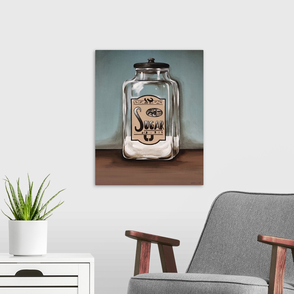 A modern room featuring Contemporary painting of a glass jar with sugar in it sitting on a table surface.