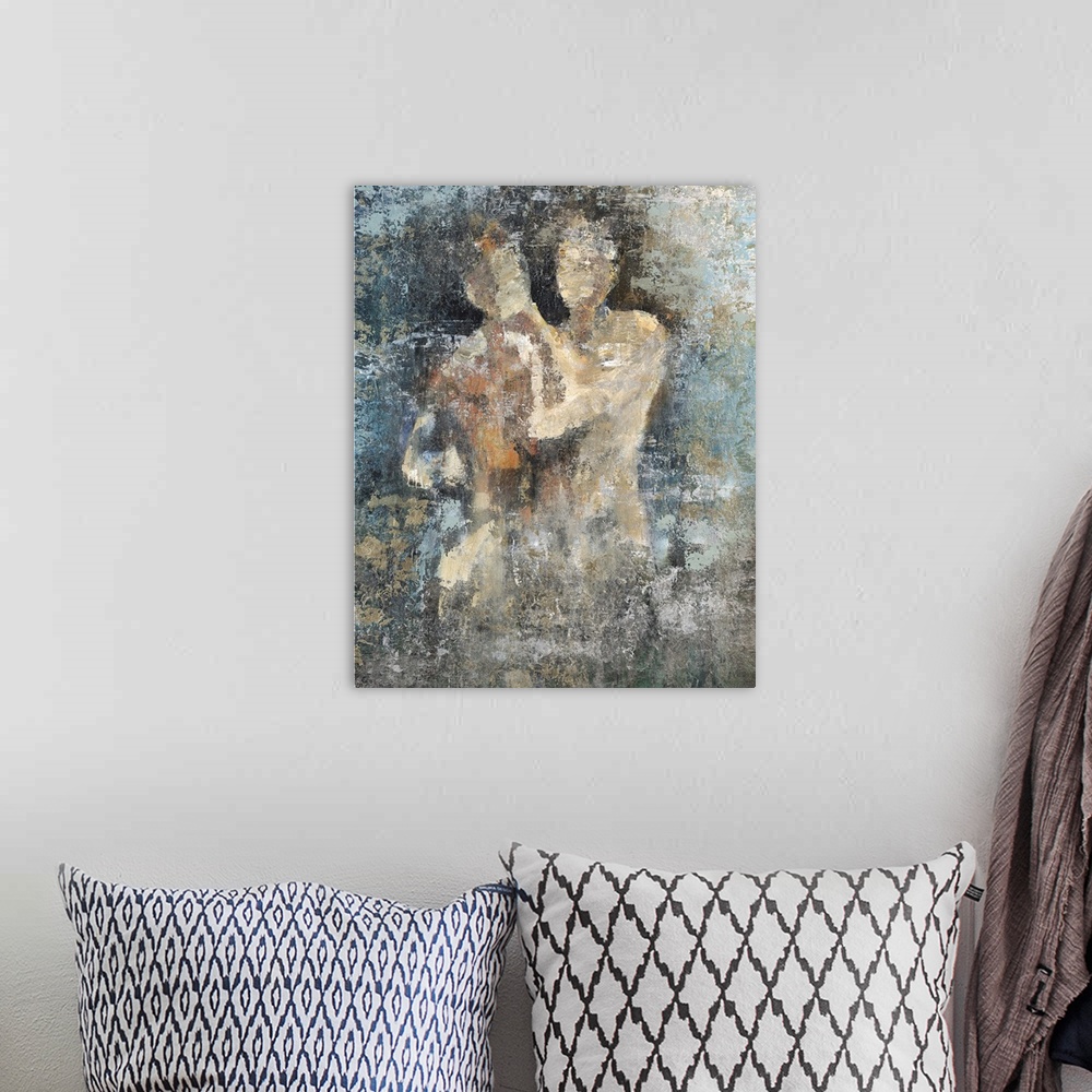 A bohemian room featuring Contemporary abstract painting of two figures holding each other nude with textured paint surroun...