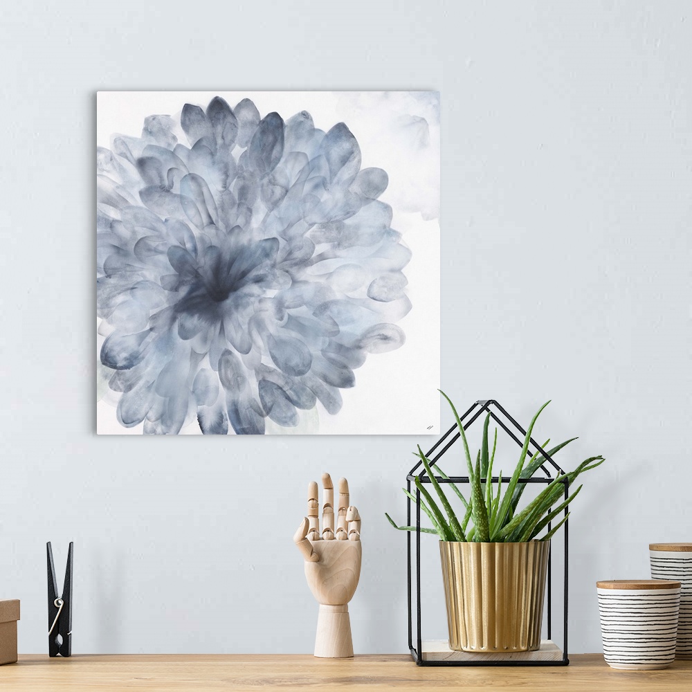 A bohemian room featuring Contemporary watercolor painting of a Dahlia bloom in blue.