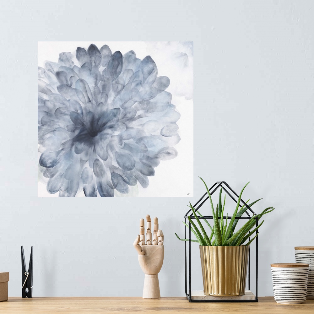 A bohemian room featuring Contemporary watercolor painting of a Dahlia bloom in blue.
