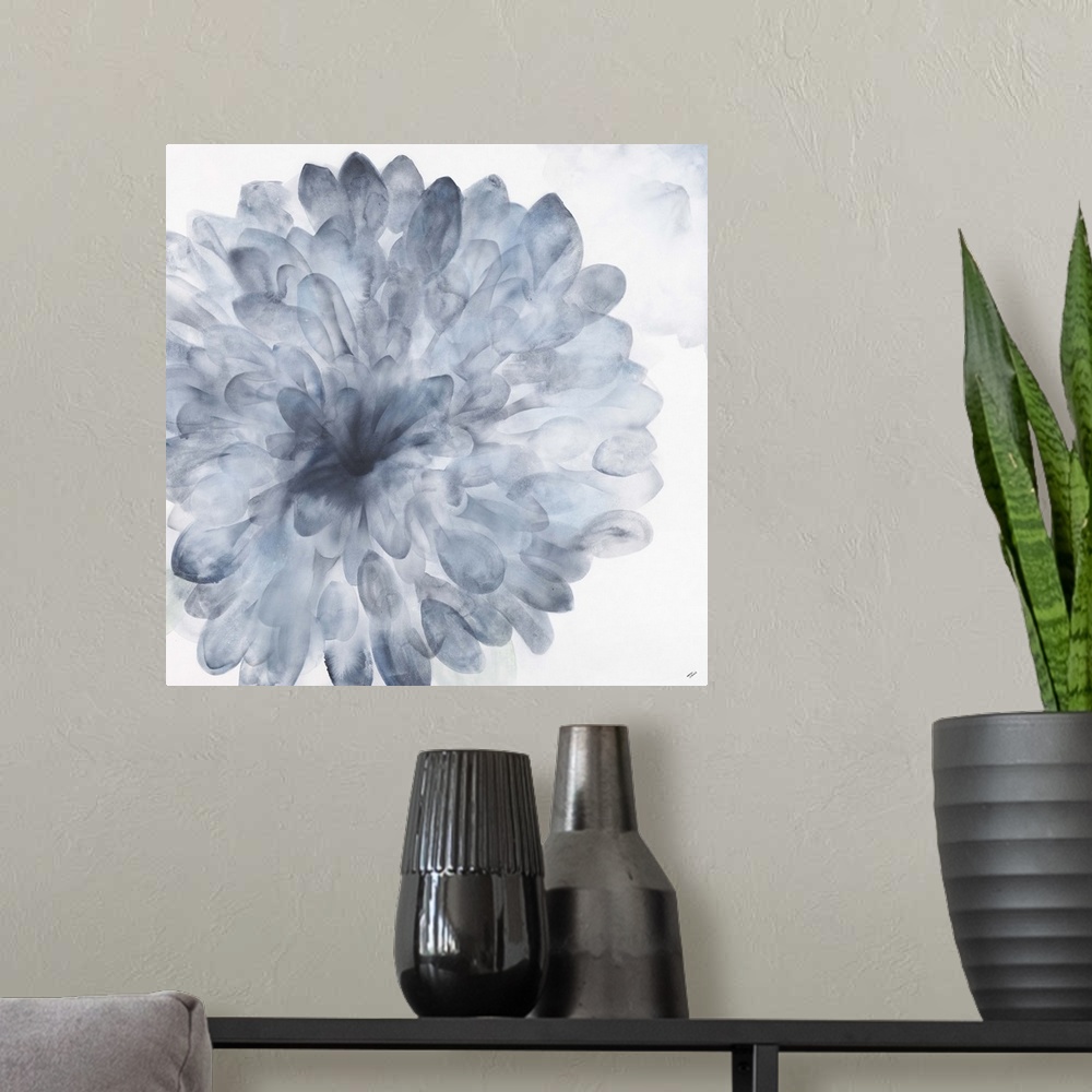 A modern room featuring Contemporary watercolor painting of a Dahlia bloom in blue.