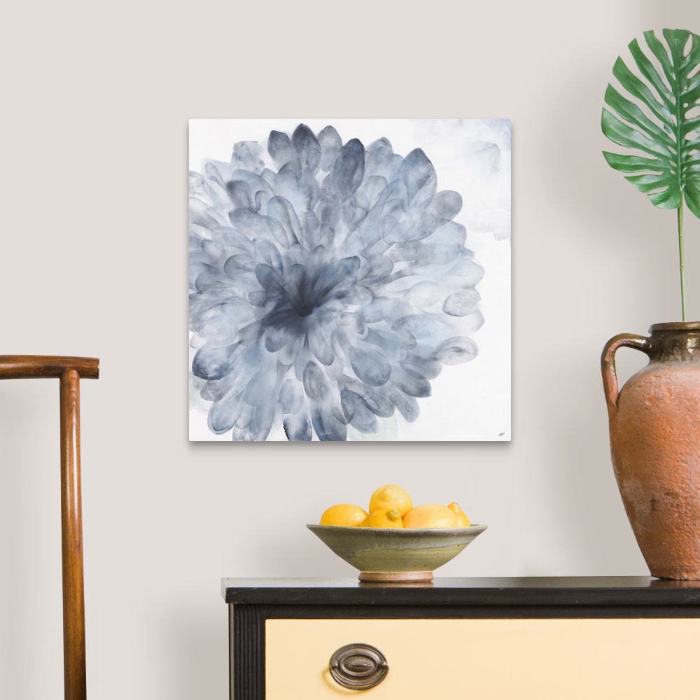 A traditional room featuring Contemporary watercolor painting of a Dahlia bloom in blue.