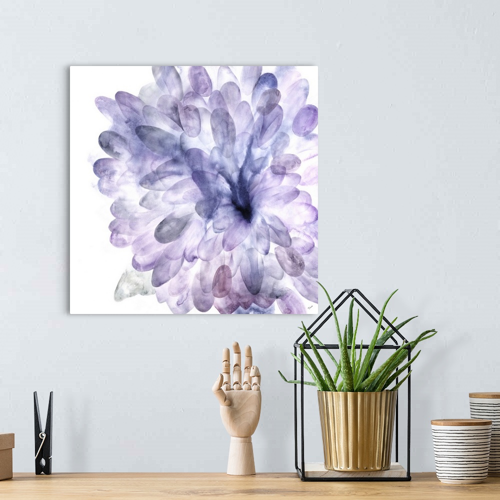 A bohemian room featuring Contemporary watercolor painting of a Dahlia bloom in shades of purple.