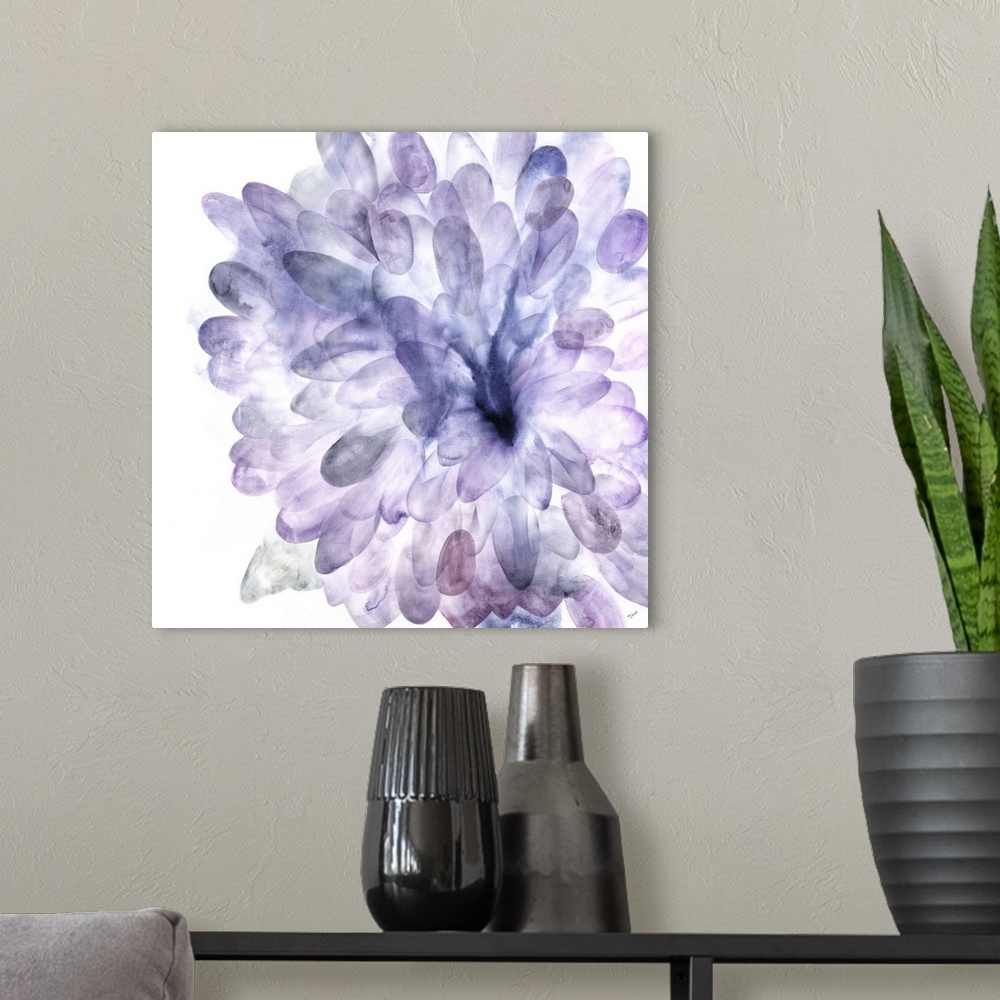 A modern room featuring Contemporary watercolor painting of a Dahlia bloom in shades of purple.