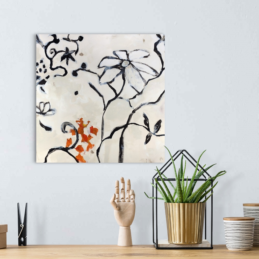 A bohemian room featuring Square, large home art decor of simple, jagged branches and twirling vines with various flowers a...