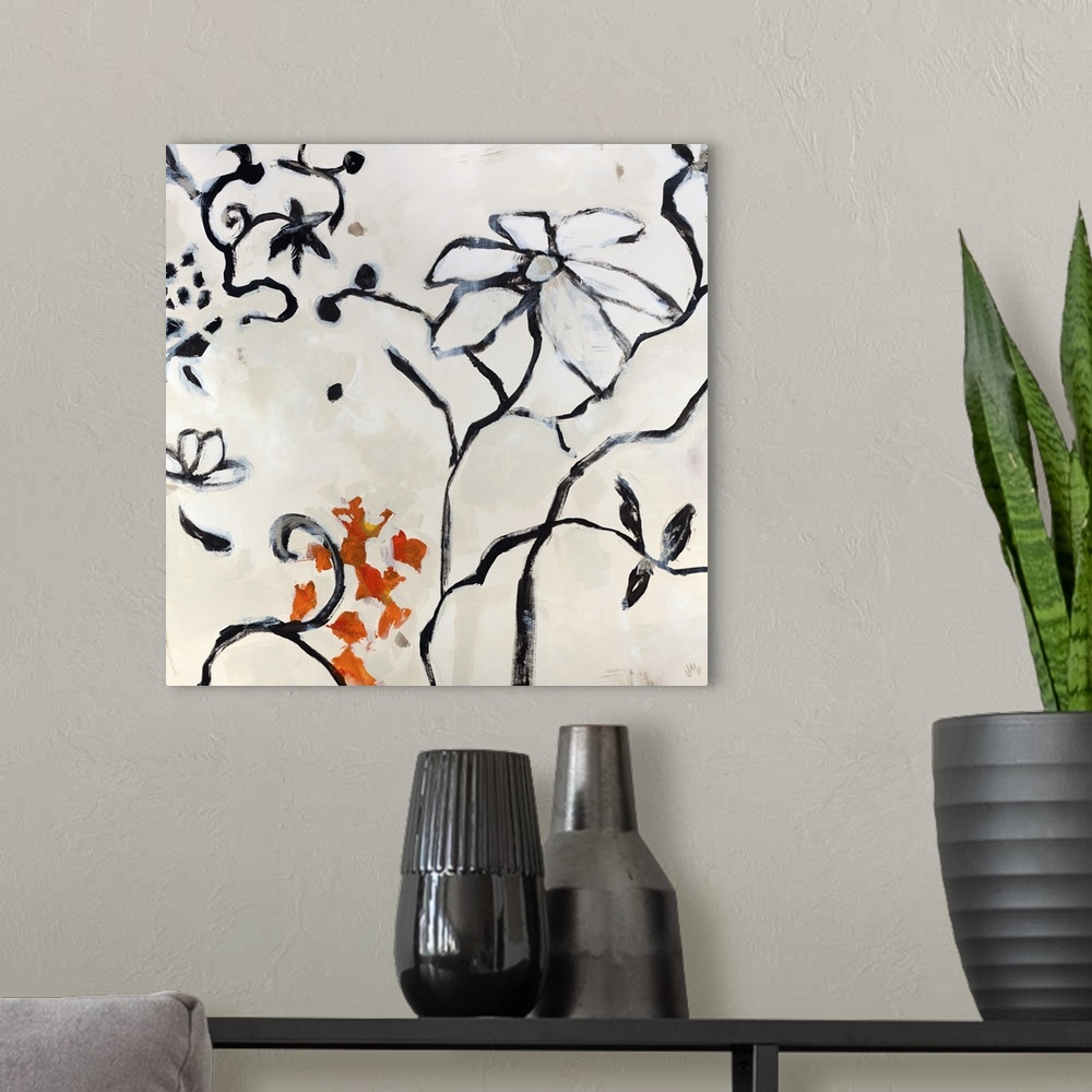 A modern room featuring Square, large home art decor of simple, jagged branches and twirling vines with various flowers a...