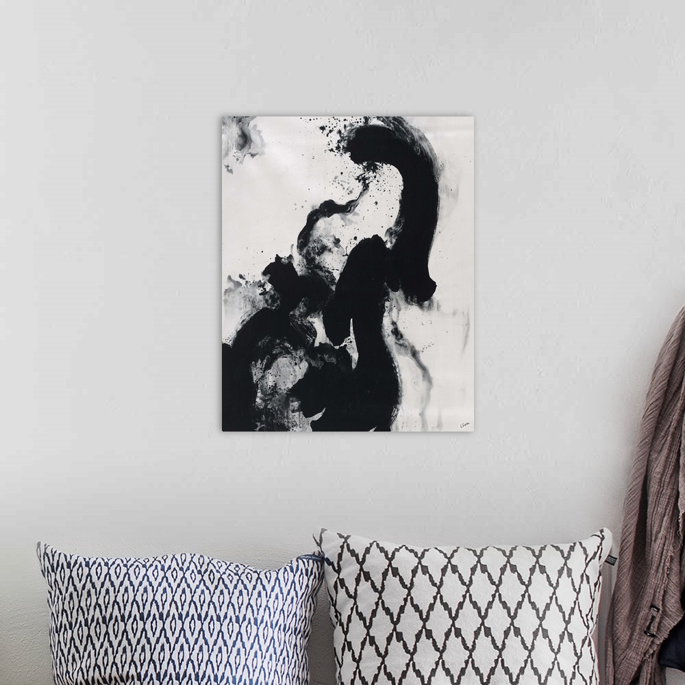A bohemian room featuring Contemporary high contrast abstract painting using deep black on white and gray.