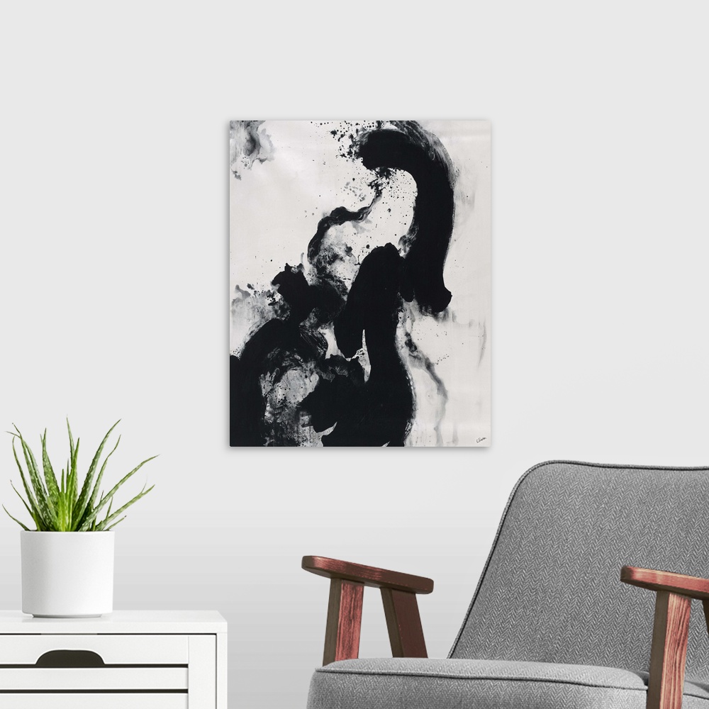 A modern room featuring Contemporary high contrast abstract painting using deep black on white and gray.