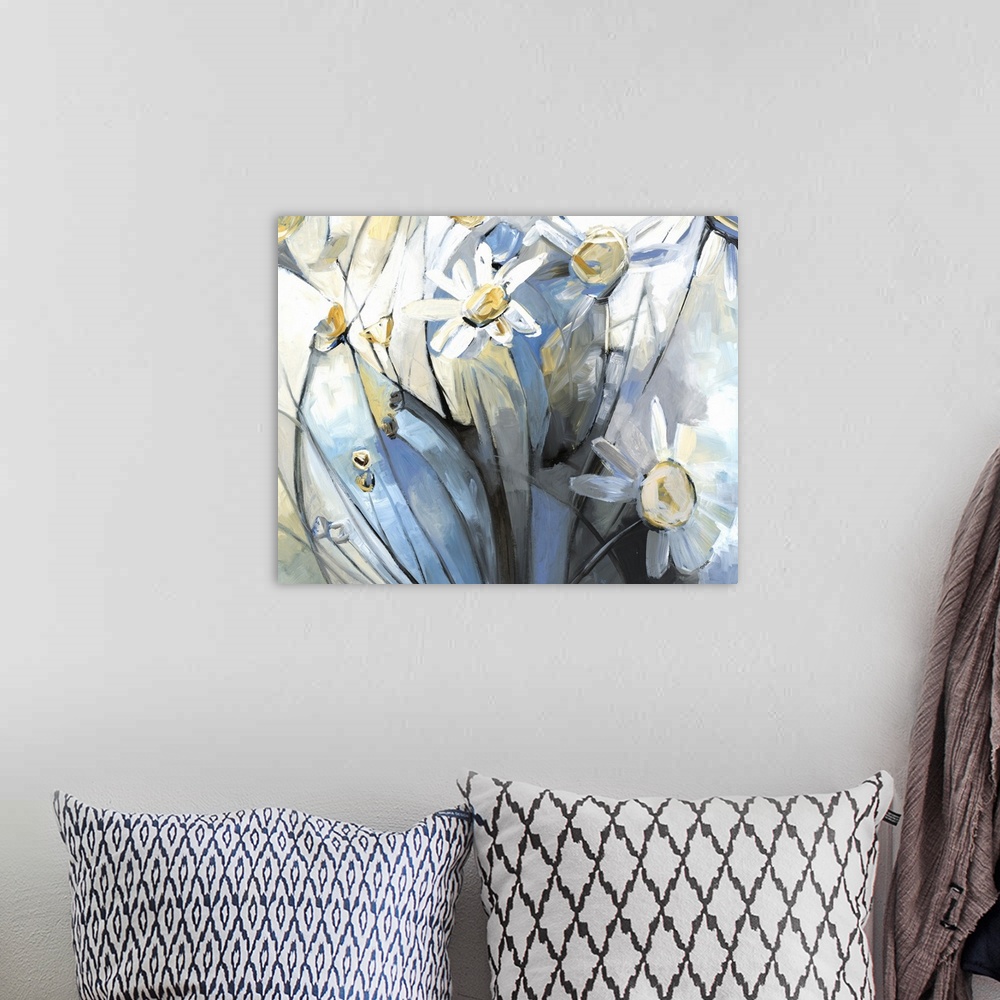 A bohemian room featuring Contemporary painting of white daisies on a blue, yellow, and gray geometrically sectioned out ba...