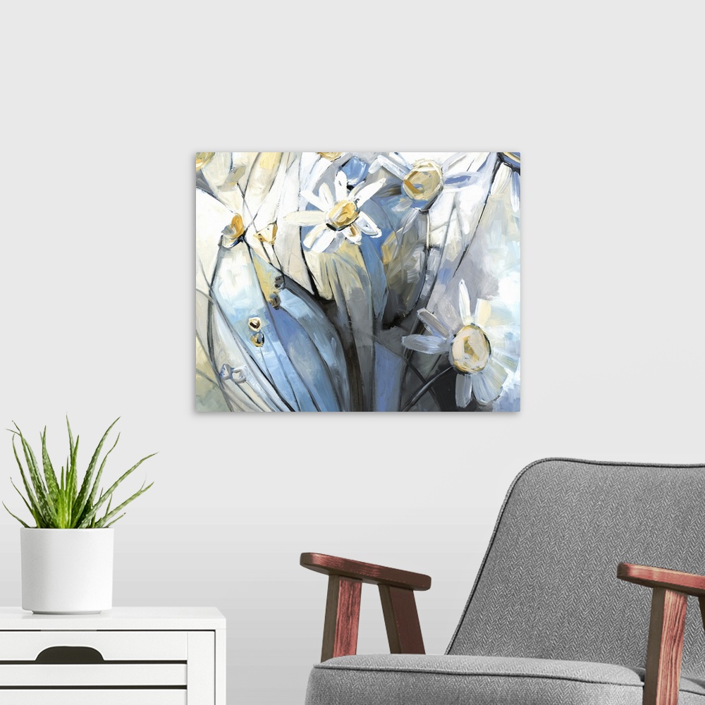 A modern room featuring Contemporary painting of white daisies on a blue, yellow, and gray geometrically sectioned out ba...