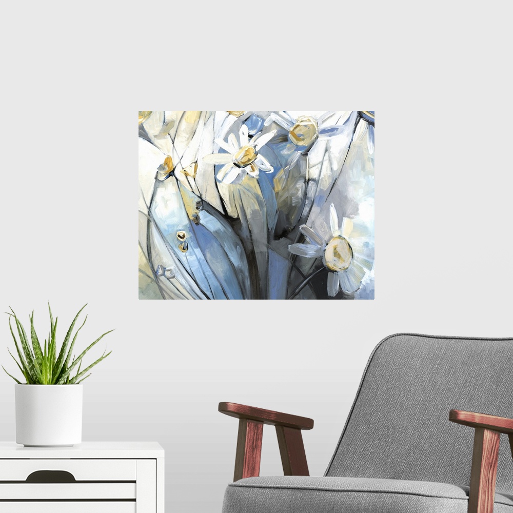 A modern room featuring Contemporary painting of white daisies on a blue, yellow, and gray geometrically sectioned out ba...