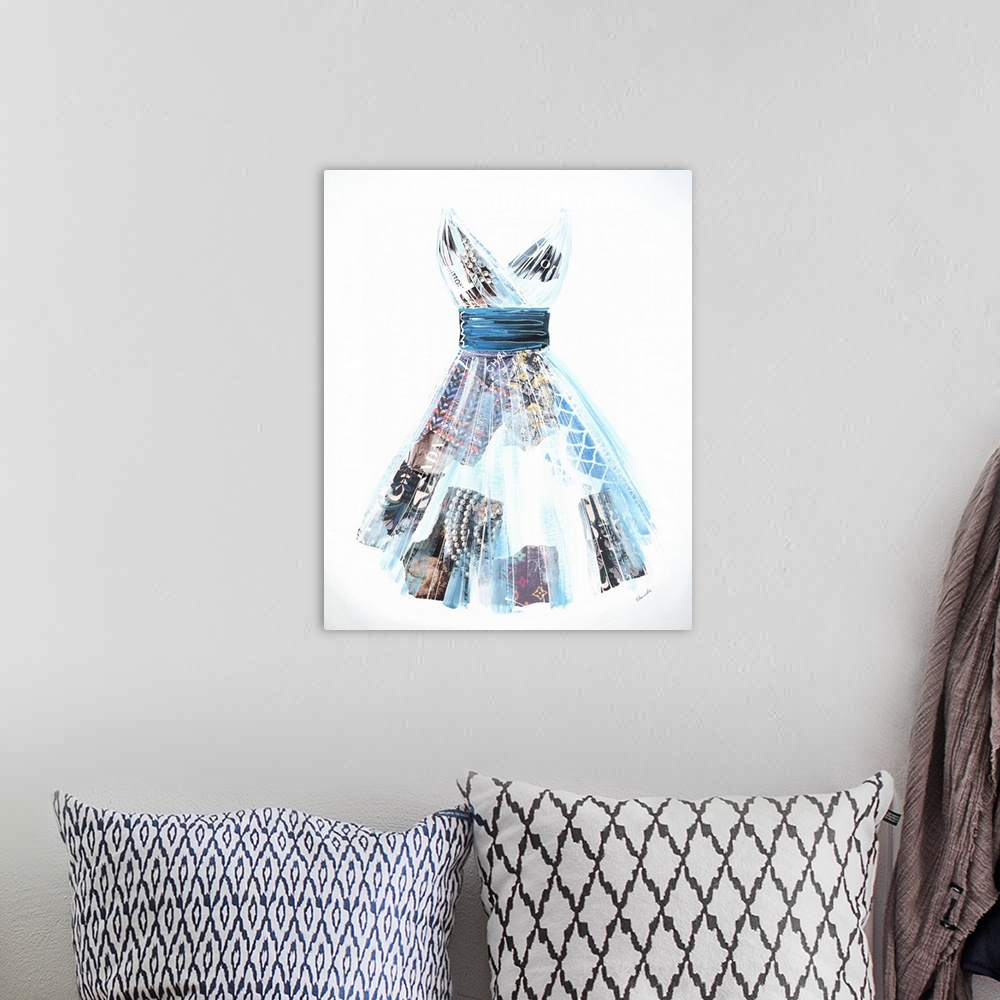 A bohemian room featuring Contemporary painting of a fashionable dress with collage elements.