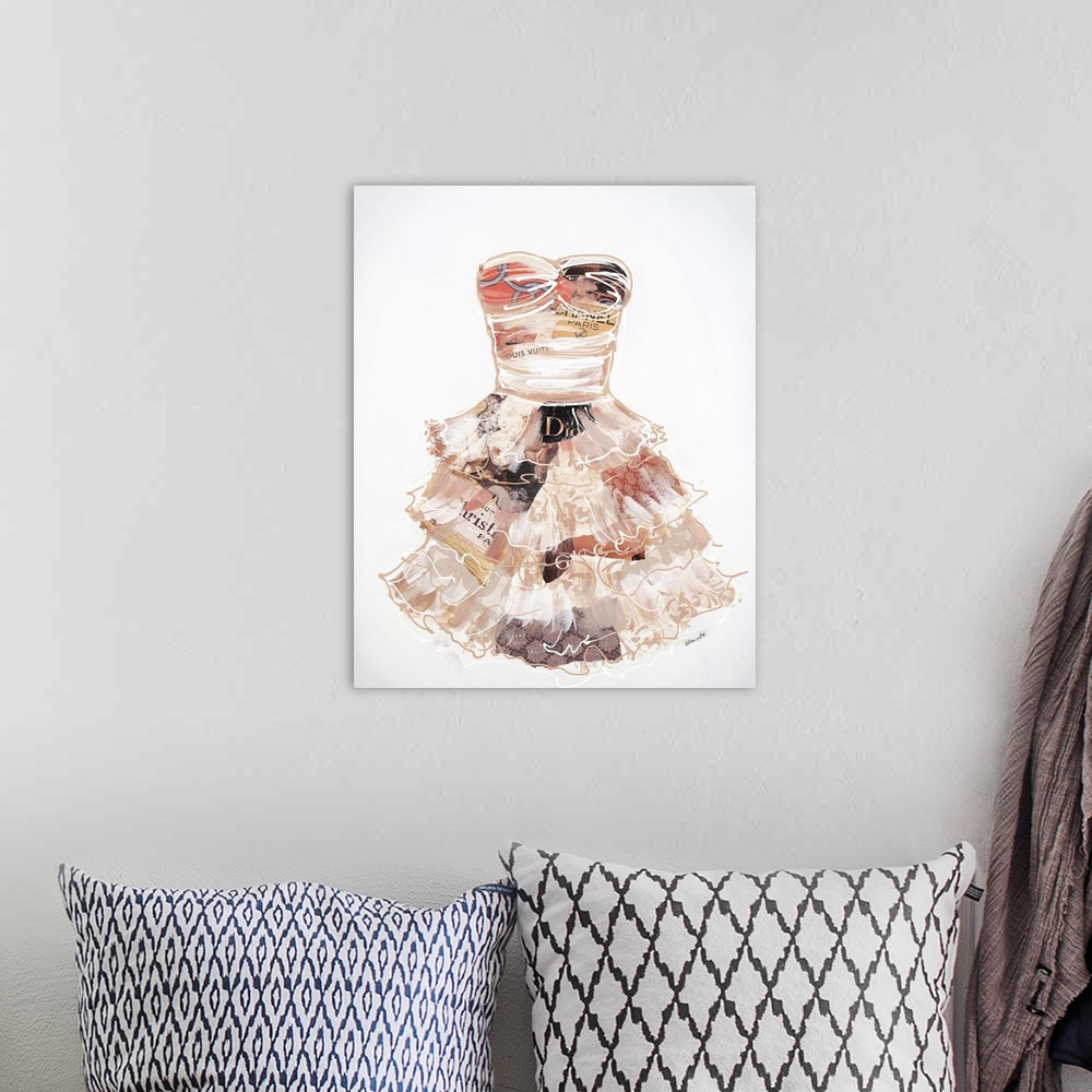 A bohemian room featuring Contemporary painting of a fashionable dress with collage elements.