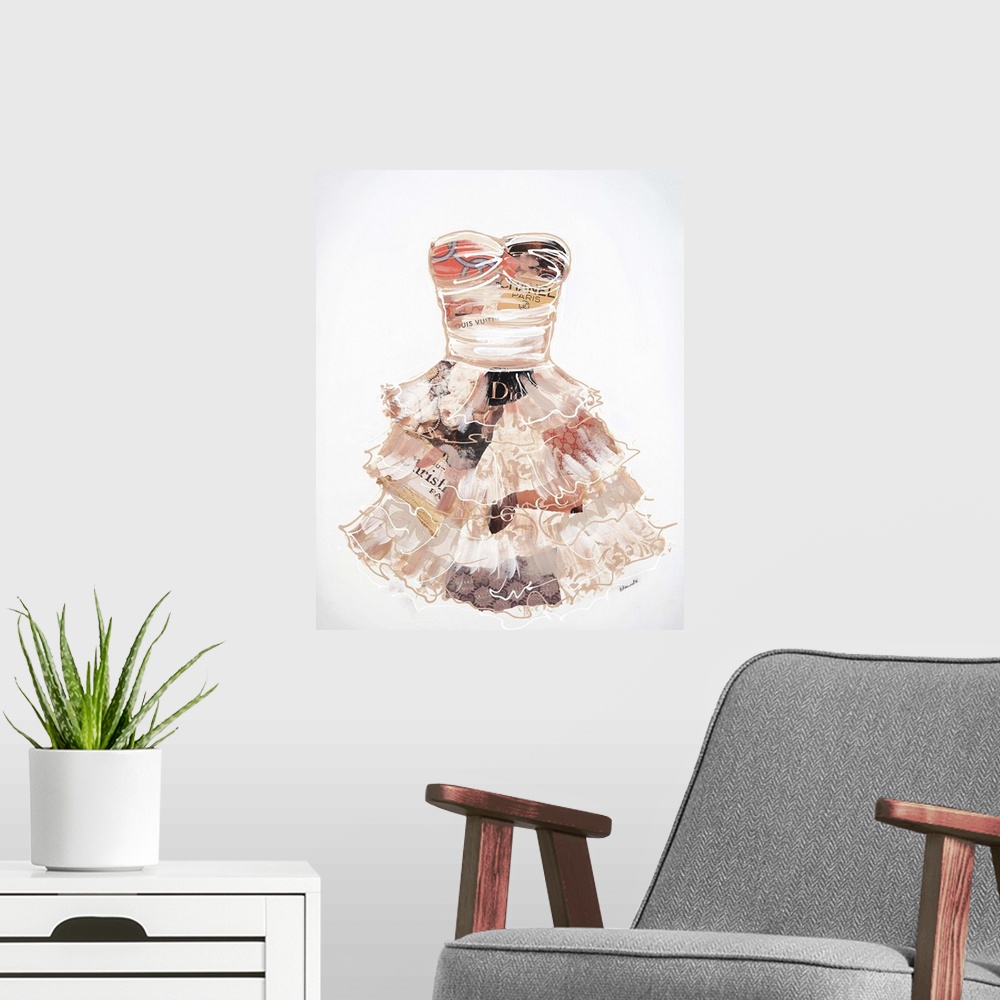 A modern room featuring Contemporary painting of a fashionable dress with collage elements.