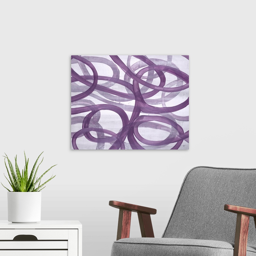 A modern room featuring A compelling painting of free flowing curved lines in purple.