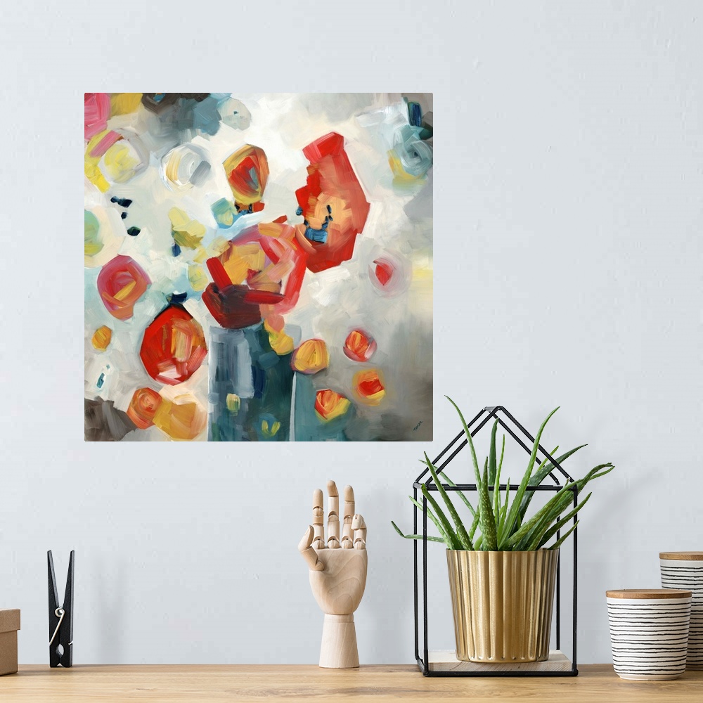 A bohemian room featuring Contemporary painting of a semi-abstract vase with red flowers.