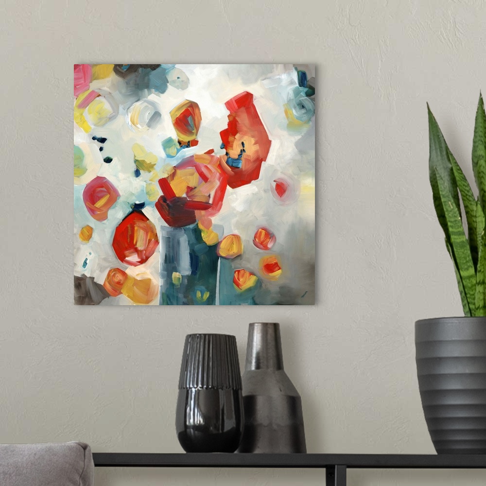A modern room featuring Contemporary painting of a semi-abstract vase with red flowers.