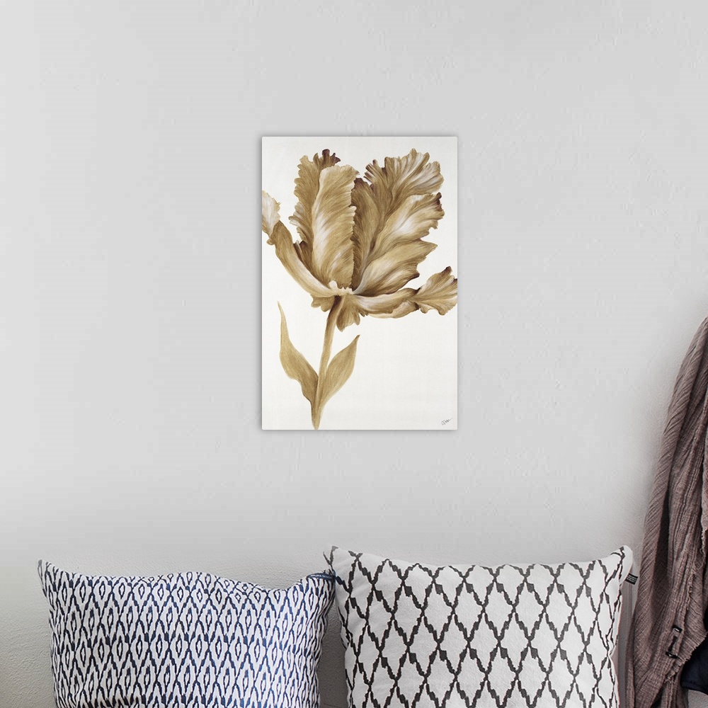 A bohemian room featuring A painting of a single tulip in metallic gold.