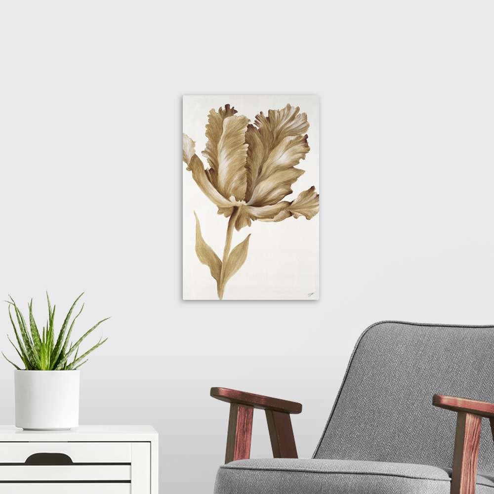 A modern room featuring A painting of a single tulip in metallic gold.
